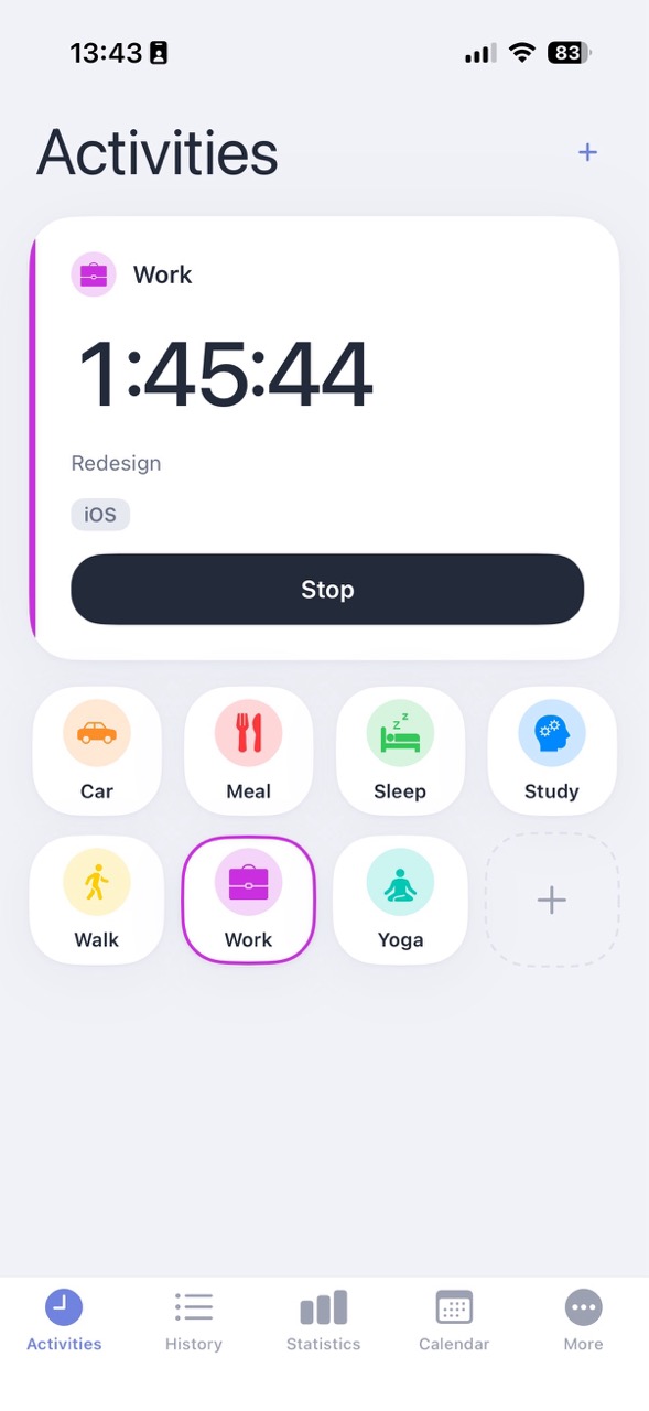 Time Meter Activities screen